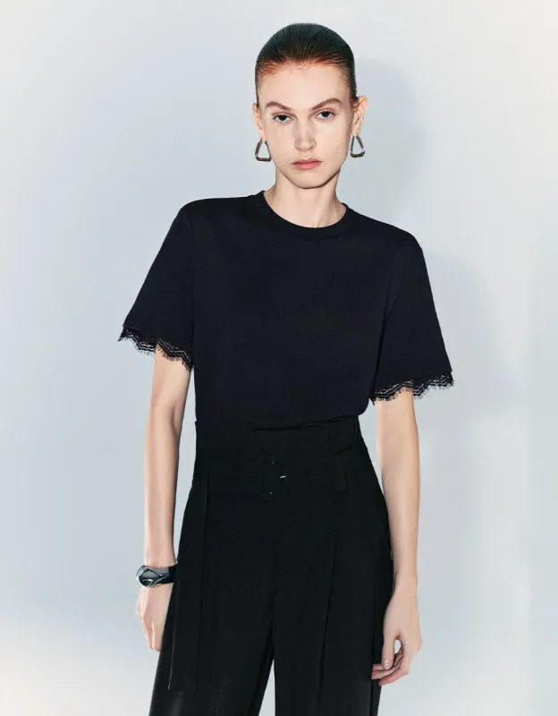 Lace Cuffs Crew Neck T-Shirt sold by Urban Revivo