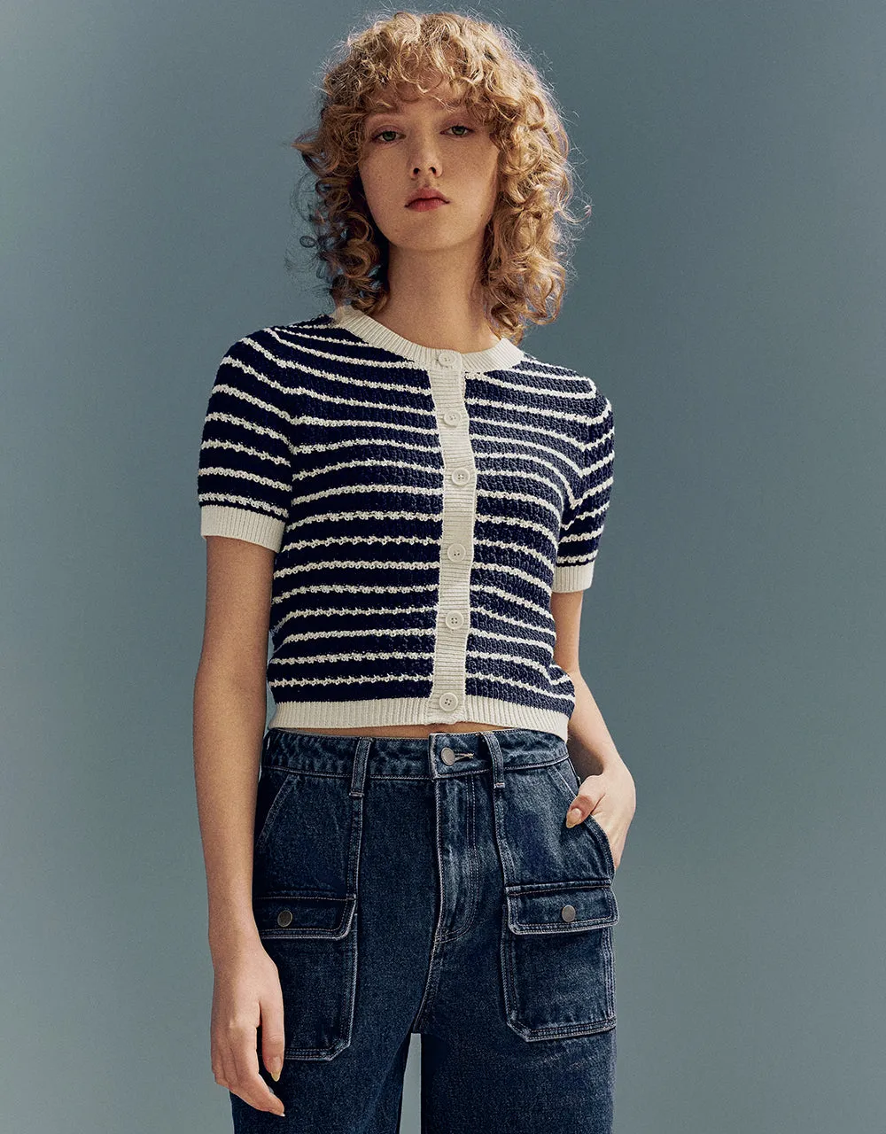 Striped Crew Neck Knitted Cardigan sold by Urban Revivo