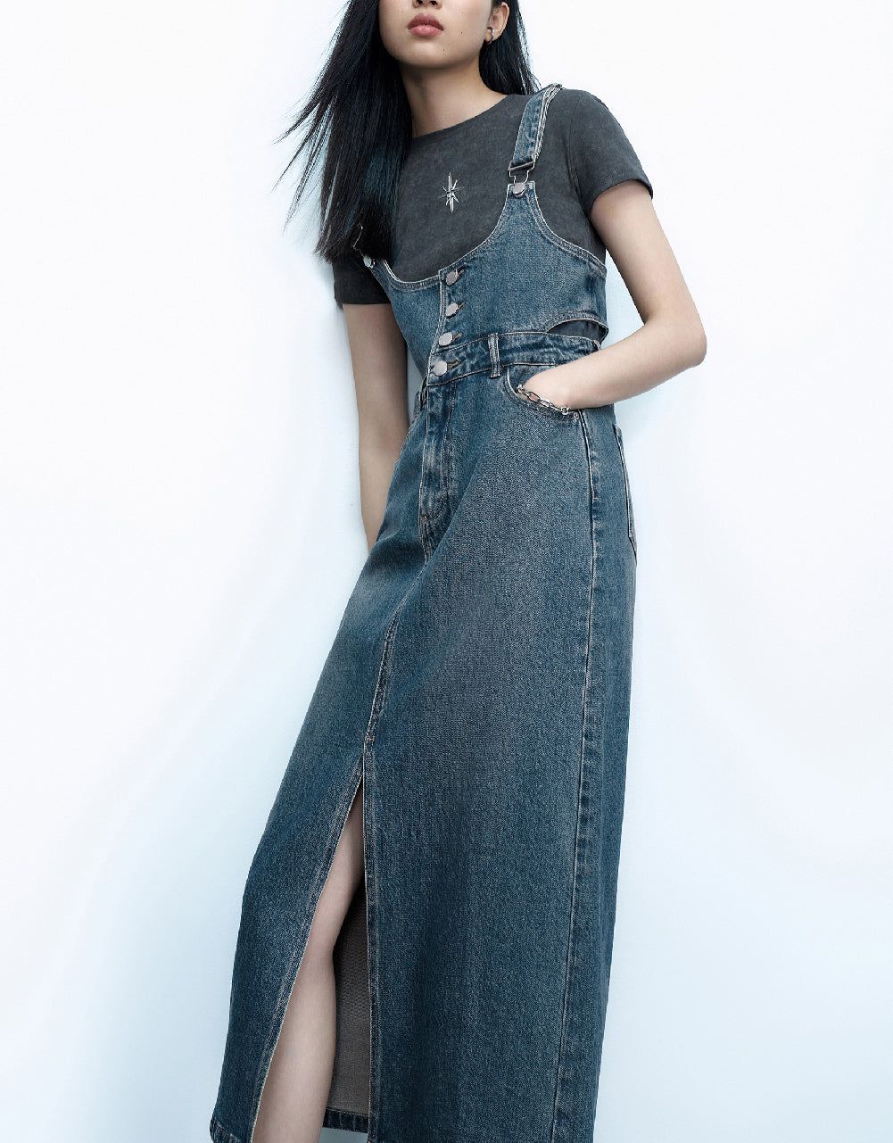 Cut-Out Denim Pinafore Dress sold by Urban Revivo product image thumbnail 3