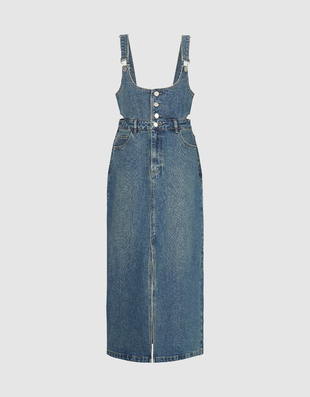 Cut-Out Denim Pinafore Dress sold by Urban Revivo
