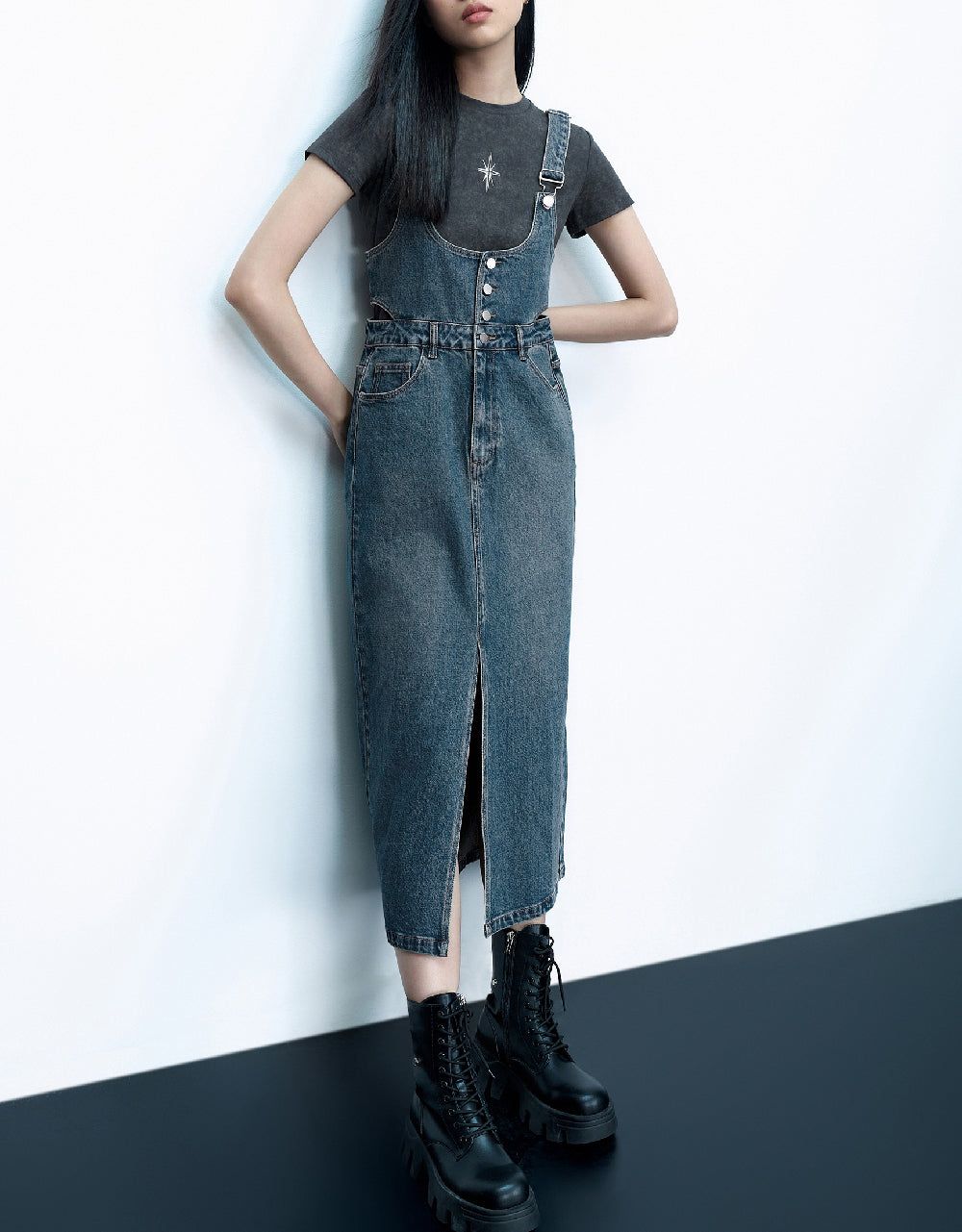 Cut-Out Denim Pinafore Dress sold by Urban Revivo product image thumbnail 2