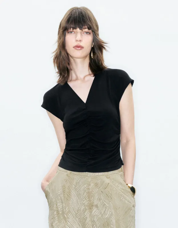 Ruched V-Neck Skinny T-Shirt sold by Urban Revivo