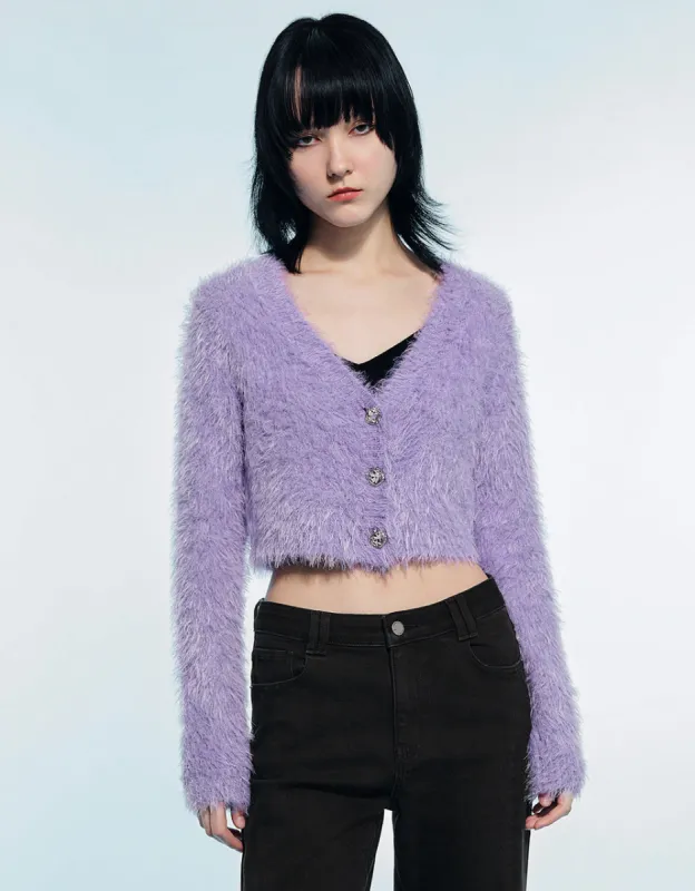 Furry V-Neck Knitted Cardigan sold by Urban Revivo