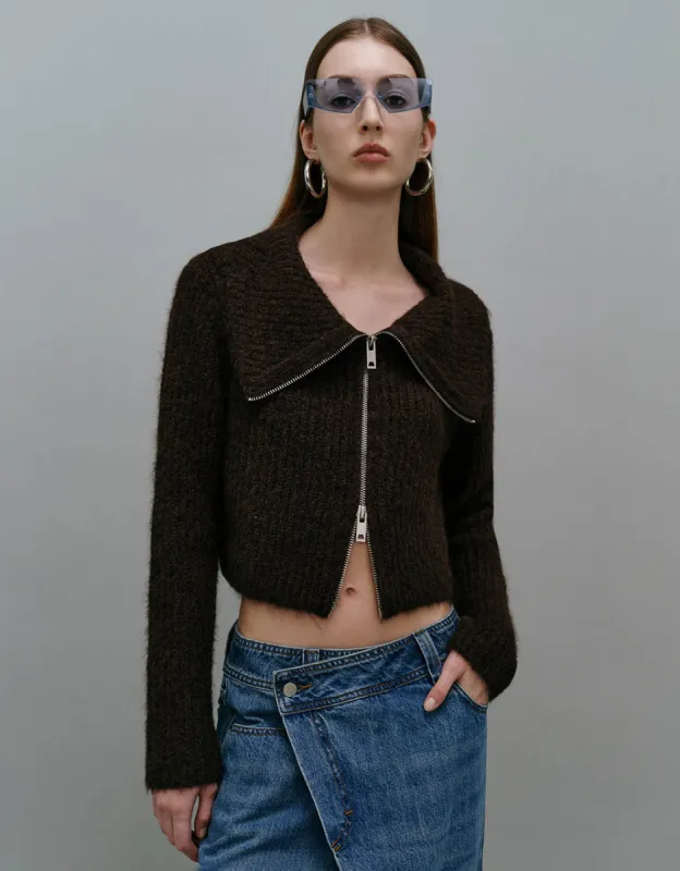 Zipper Front Boat Neck Knitted Cardigan sold by Urban Revivo