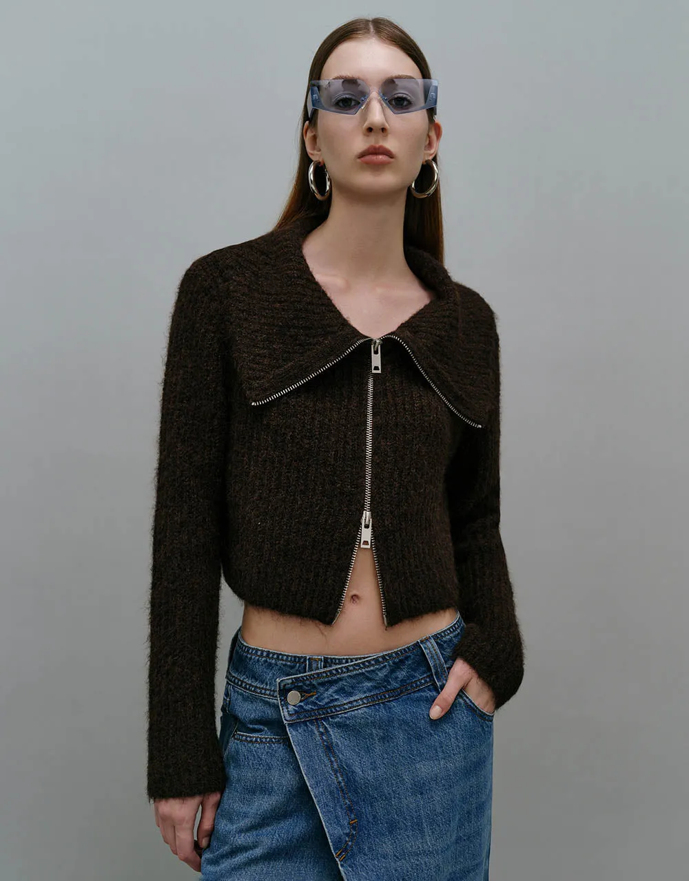 Zipper Front Boat Neck Knitted Cardigan sold by Urban Revivo