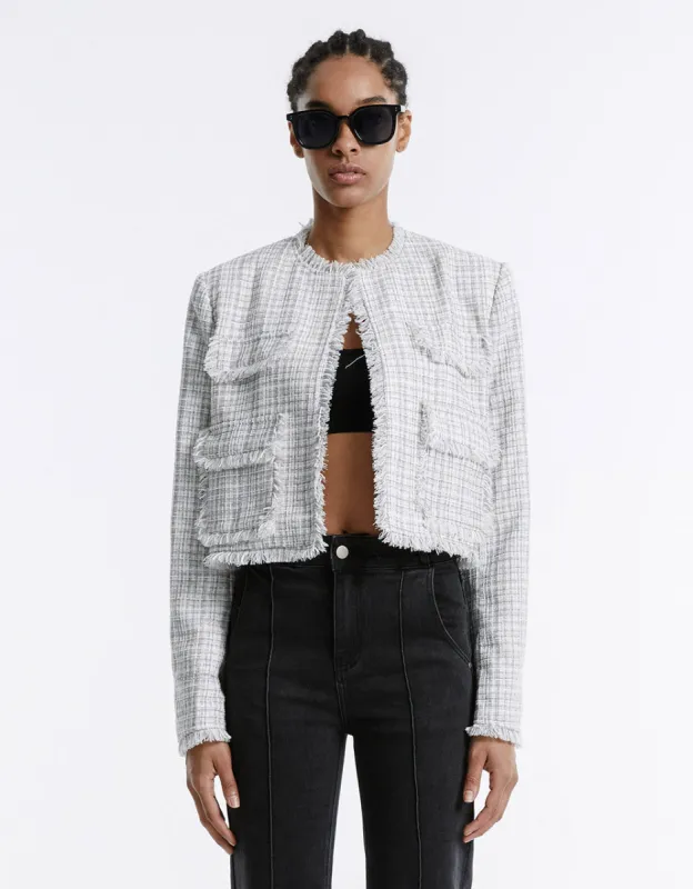 Frayed Trim Plaid Jacket sold by Urban Revivo
