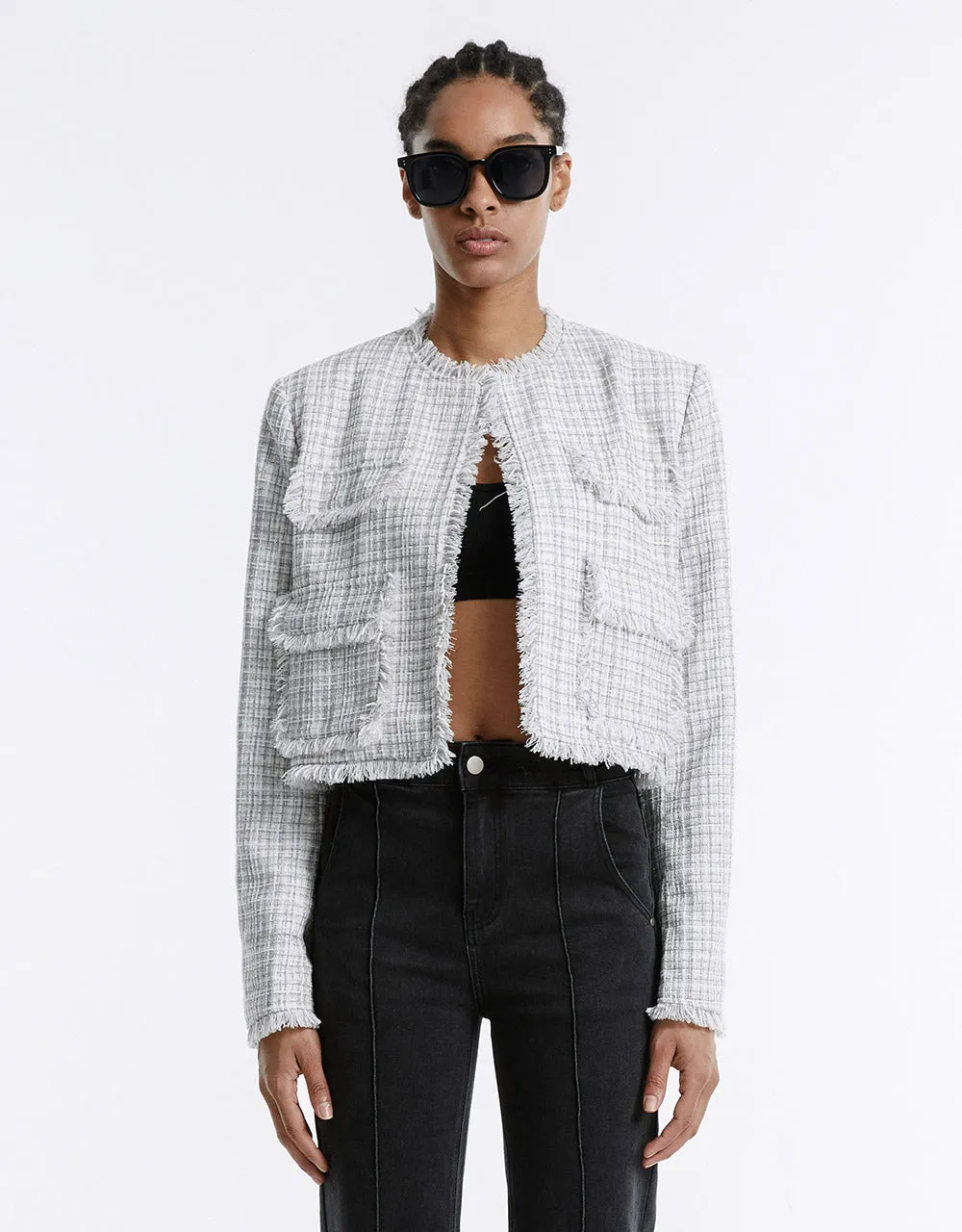 Frayed Trim Plaid Jacket sold by Urban Revivo