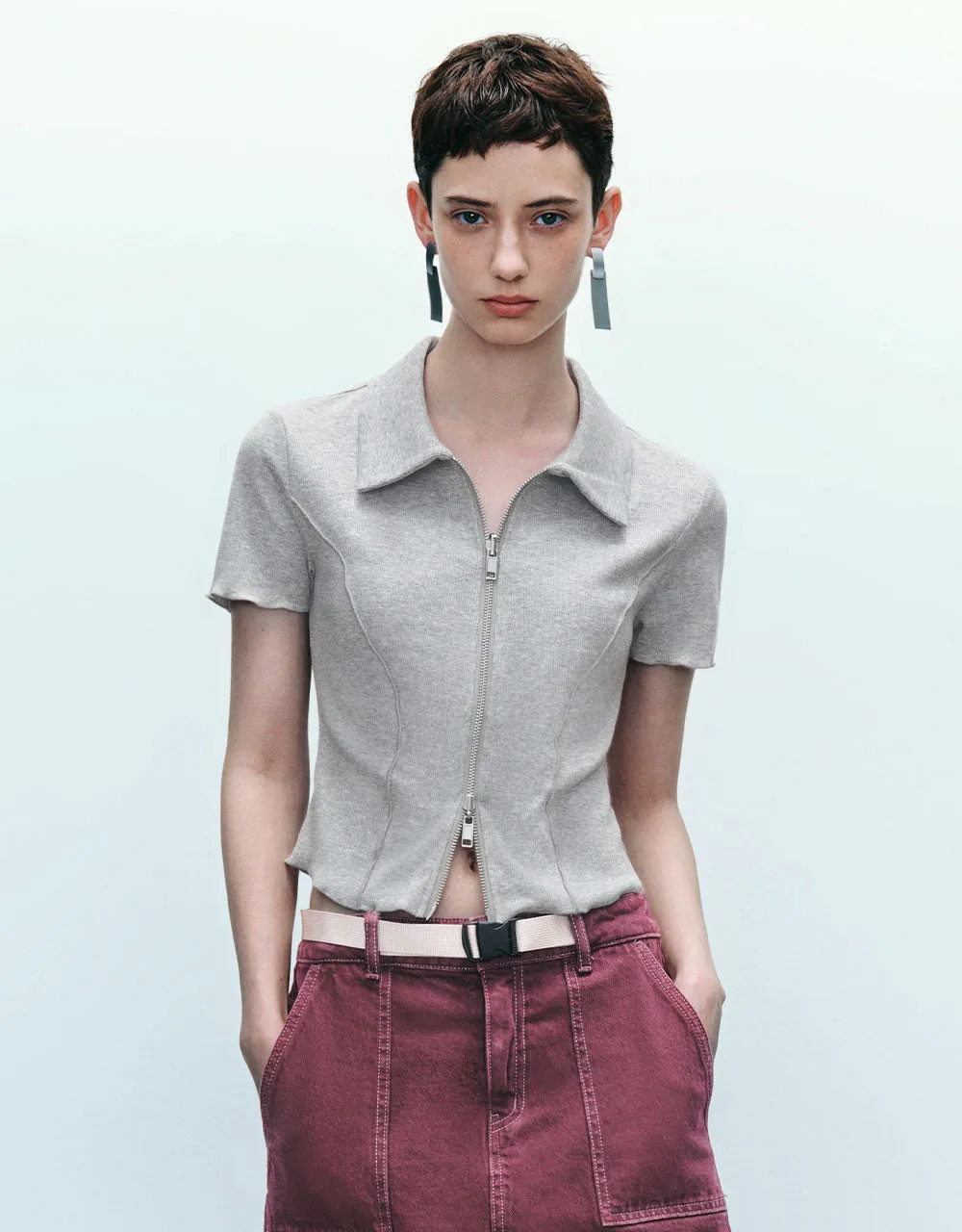 Zipper Front Knitted Lapel Shirt sold by Urban Revivo