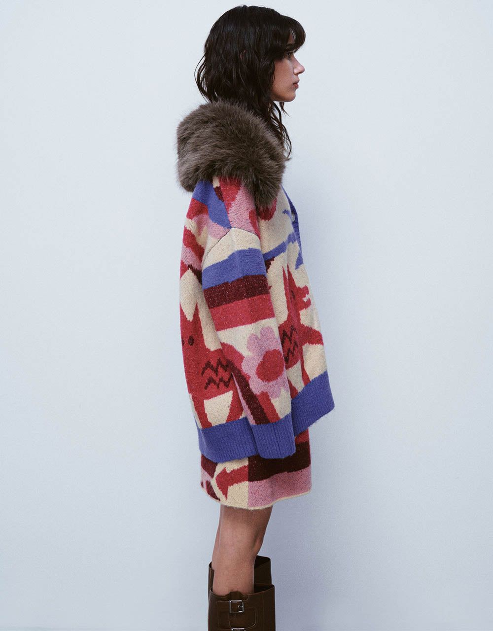 Printed V-Neck Knitted Cardigan With Furry Collar sold by Urban Revivo product image thumbnail 3