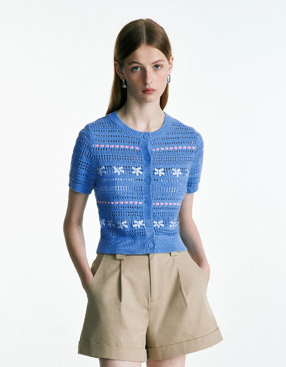 Crochet Crew Neck Knitted Cardigan sold by Urban Revivo