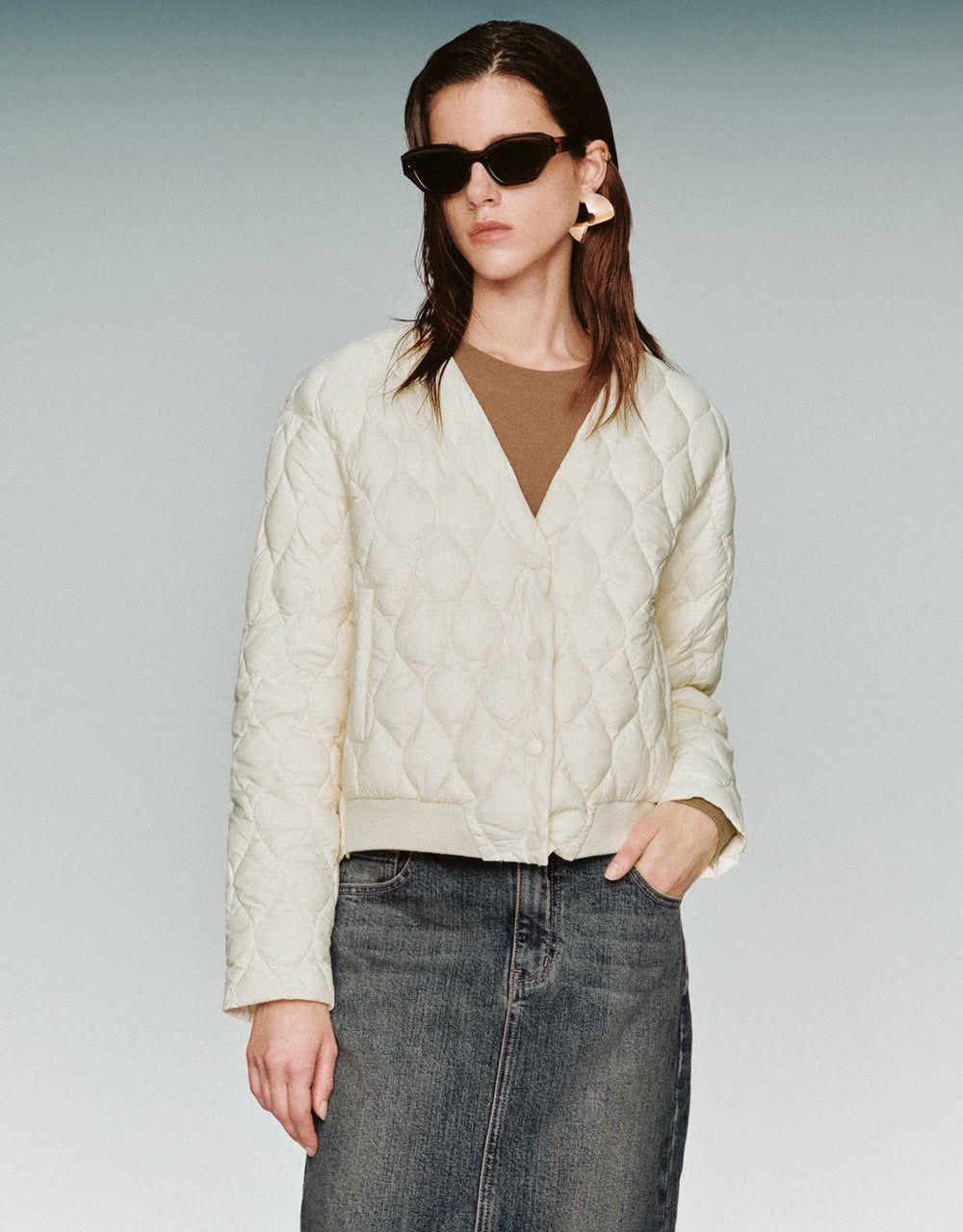 Quilted V-Neck Down Jacket sold by Urban Revivo