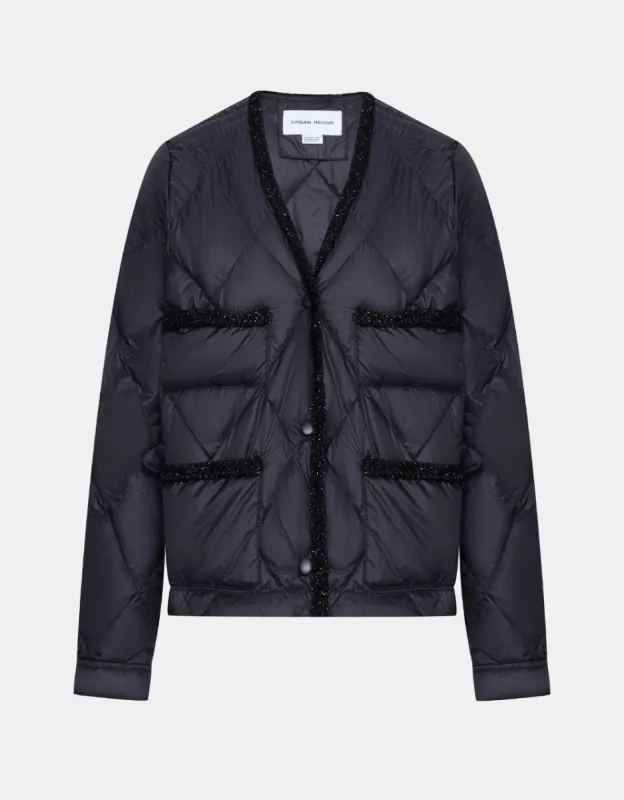 Tweed Trim V Neck Quilted Down Coat made by Urban Revivo