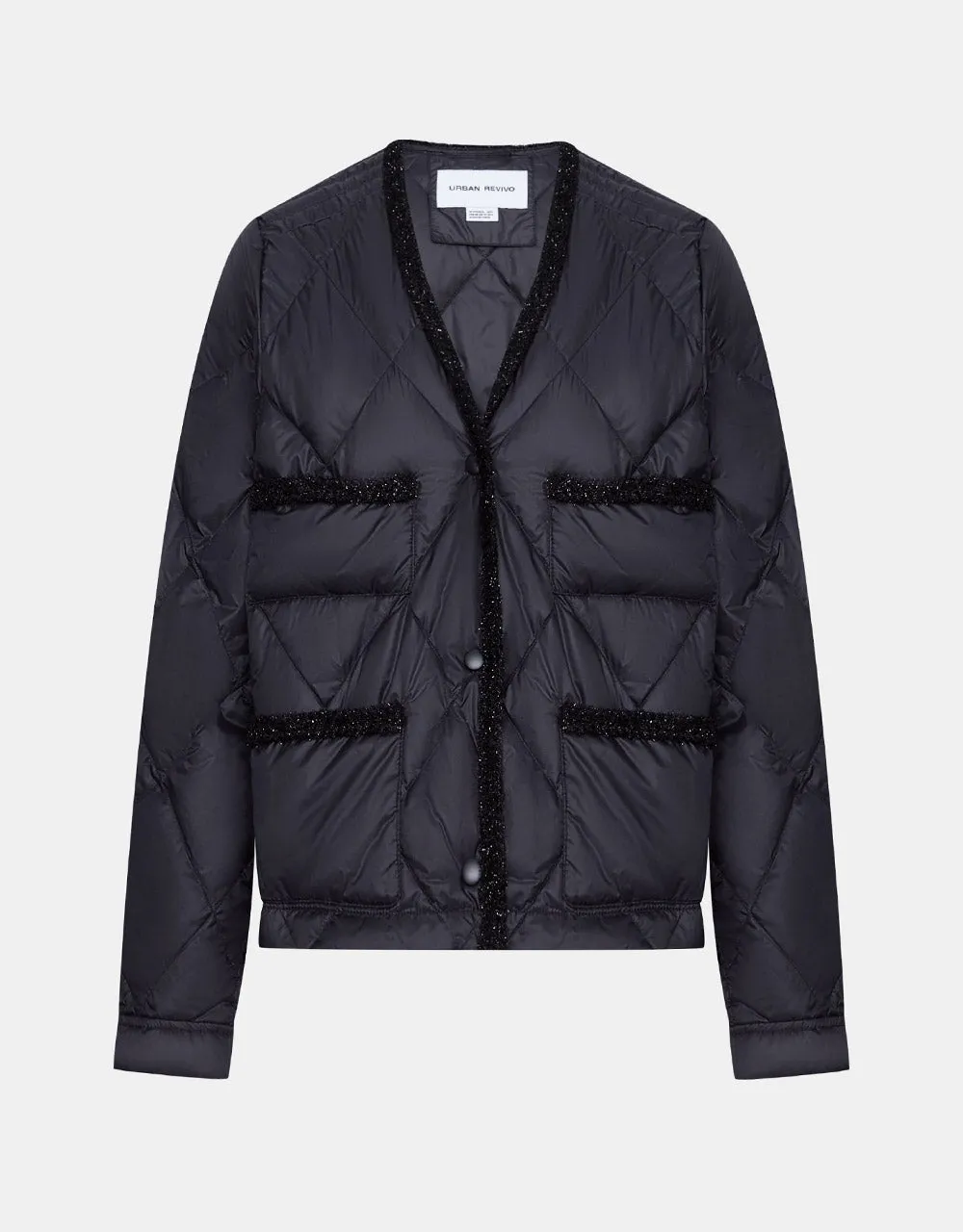 Tweed Trim V Neck Quilted Down Coat sold by Urban Revivo