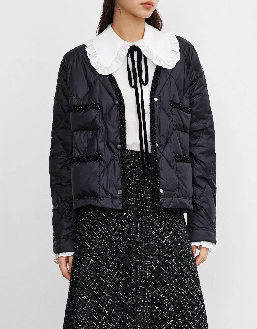Tweed Trim V Neck Quilted Down Coat sold by Urban Revivo product image thumbnail 5