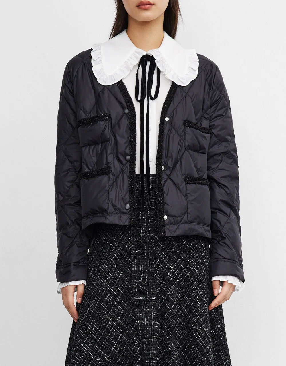 Tweed Trim V Neck Quilted Down Coat sold by Urban Revivo product image thumbnail 2