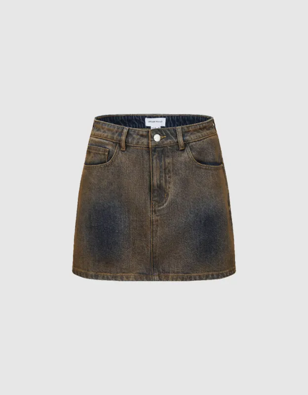 Distressed Mini A-Line Denim Skirt sold by Urban Revivo
