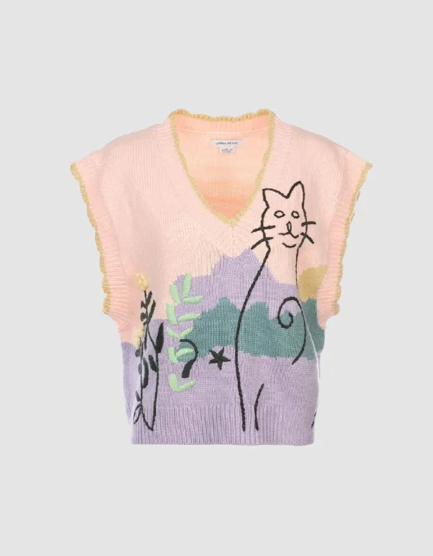Kitty Embroidered Wave Trim Knitted Vest made by Urban Revivo