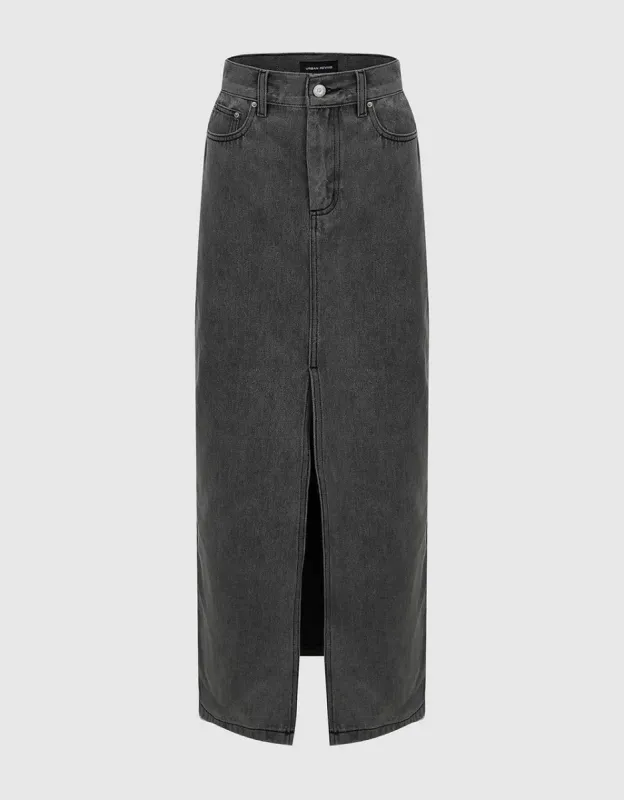 Split Hem Straight Denim Skirt sold by Urban Revivo