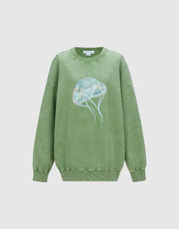 Jellyfish Printed Crew Neck Loose T-Shirt sold by Urban Revivo