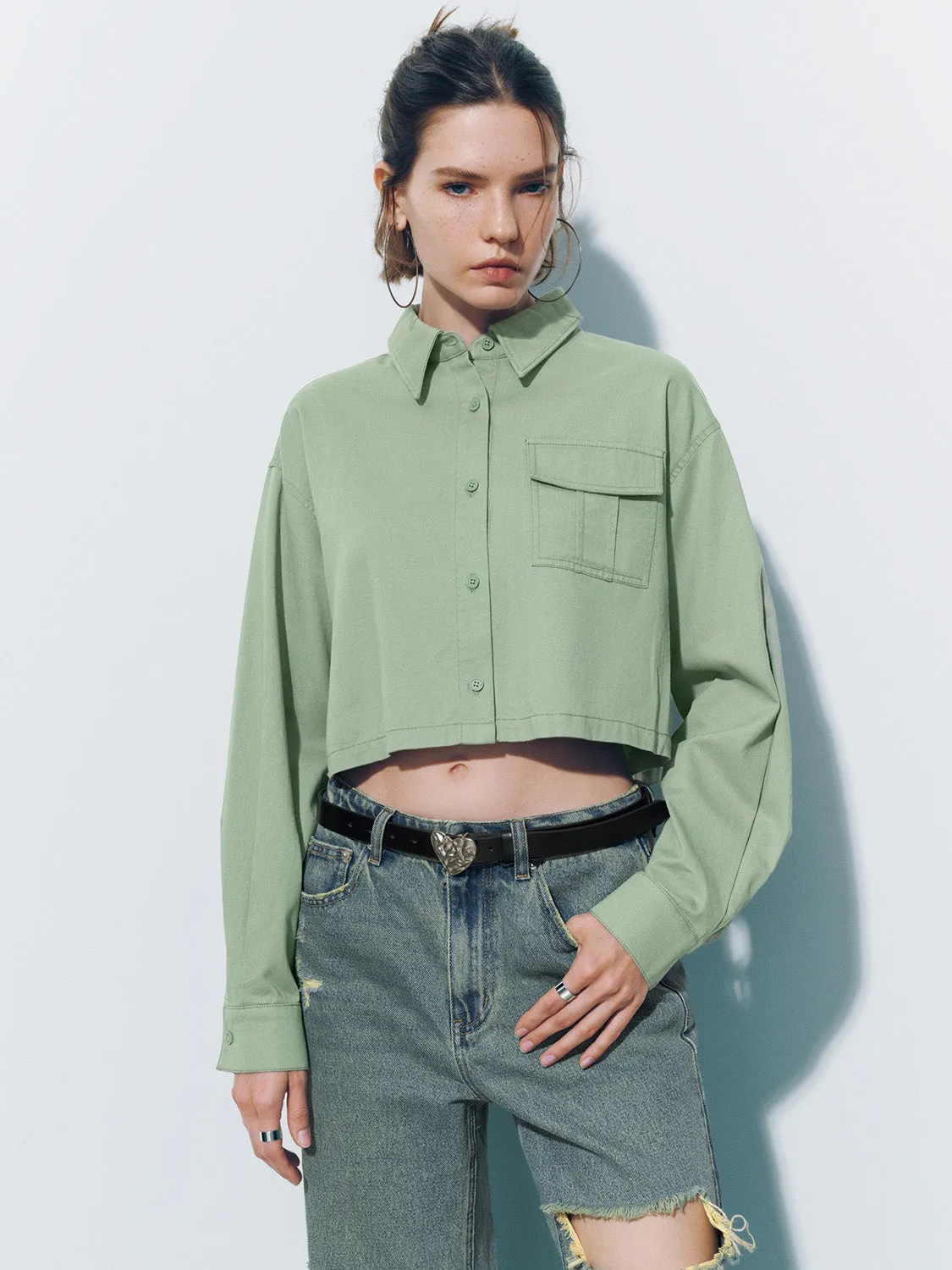 Cropped Button Up Loose Shirt sold by Urban Revivo
