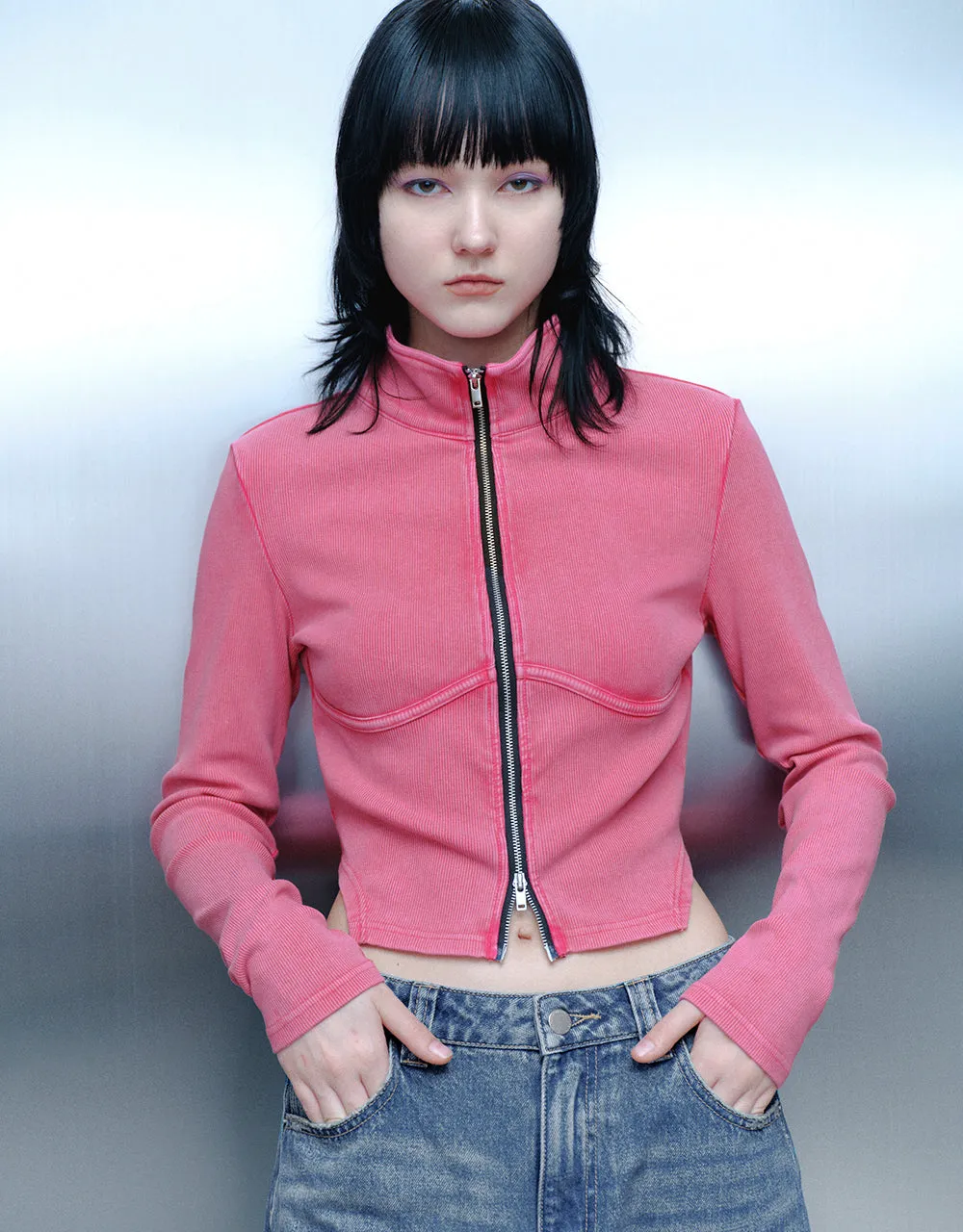 Zipper Front Stand Collar Skinny Shirt sold by Urban Revivo