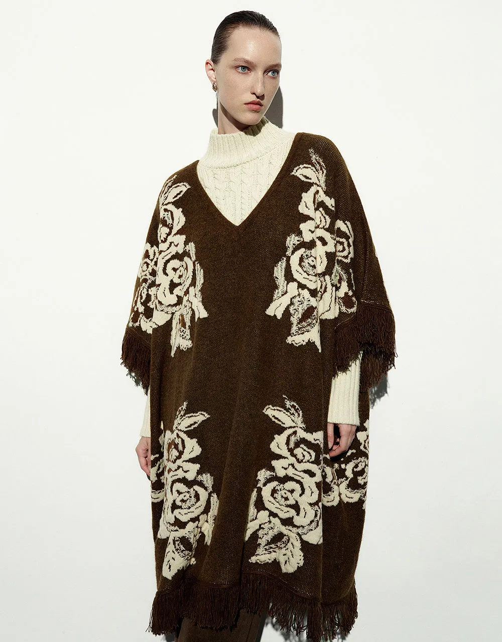 Printed Drop Shoulder Sleeve Knitted Poncho sold by Urban Revivo