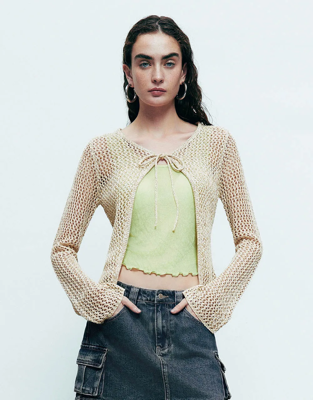 Crochet Tie Front V-Neck Knitted Cardigan sold by Urban Revivo