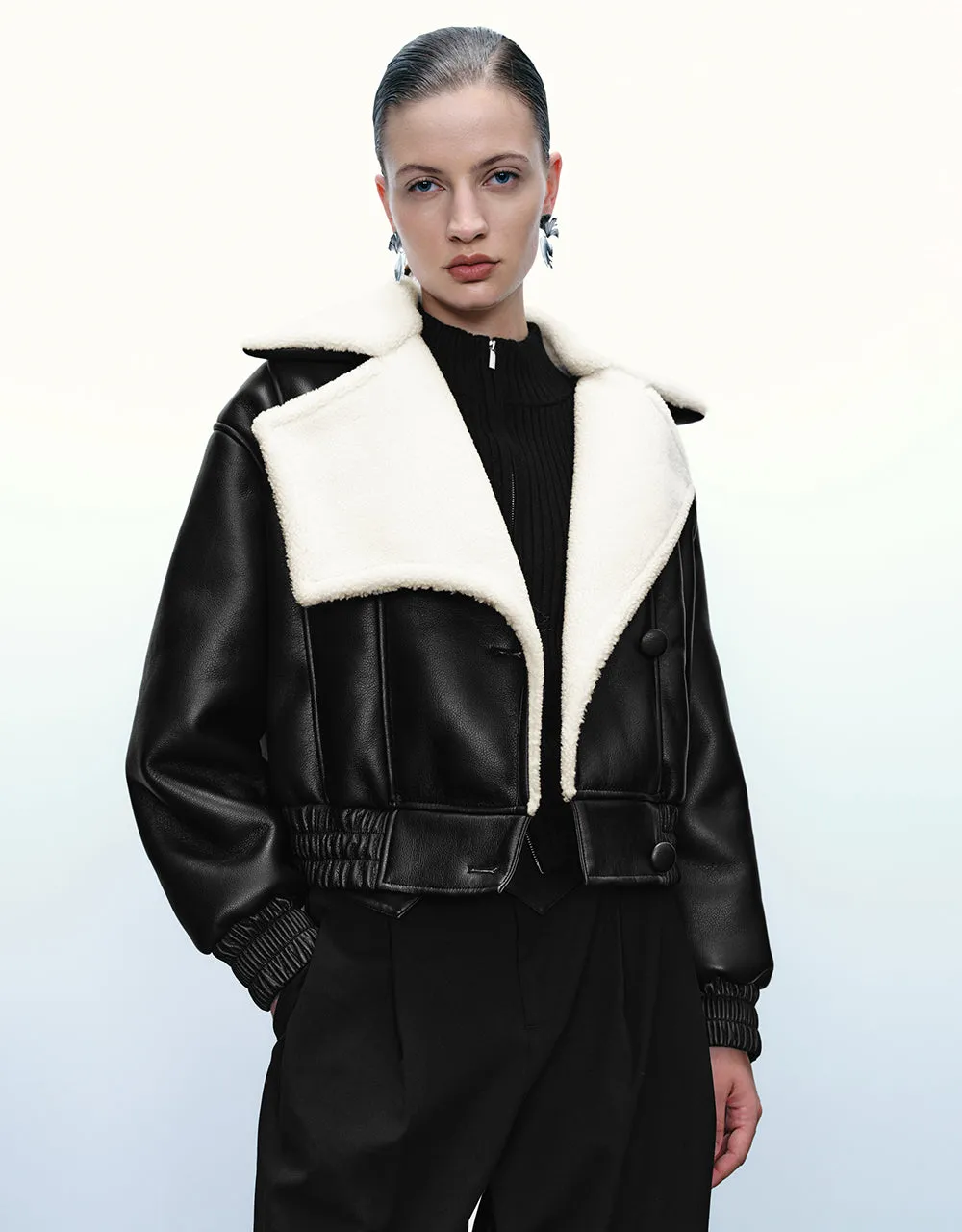 V-Neck Vegan Leather Jacket sold by Urban Revivo