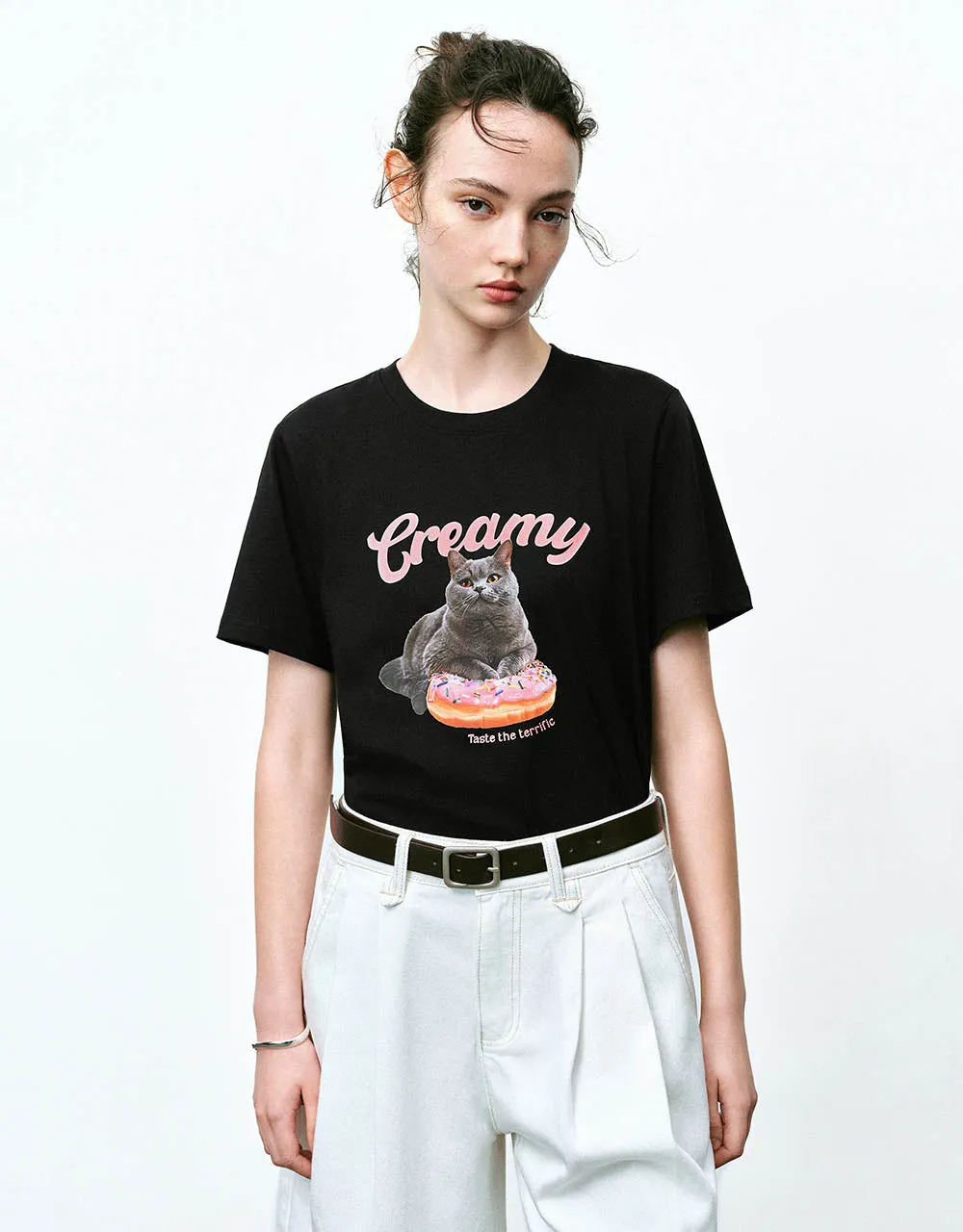 Cat Printed Crew Neck Straight T-Shirt sold by Urban Revivo