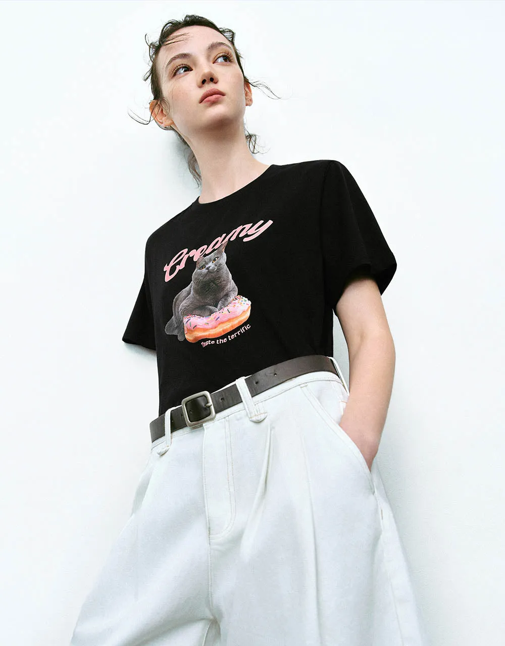 Cat Printed Crew Neck Straight T-Shirt sold by Urban Revivo product image thumbnail 3