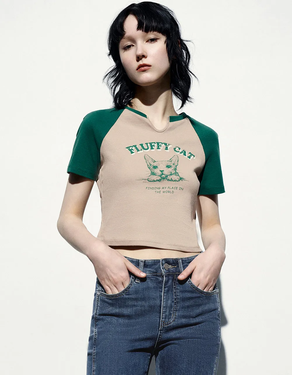 Printed Raglan Sleeve Skinny T-Shirt sold by Urban Revivo