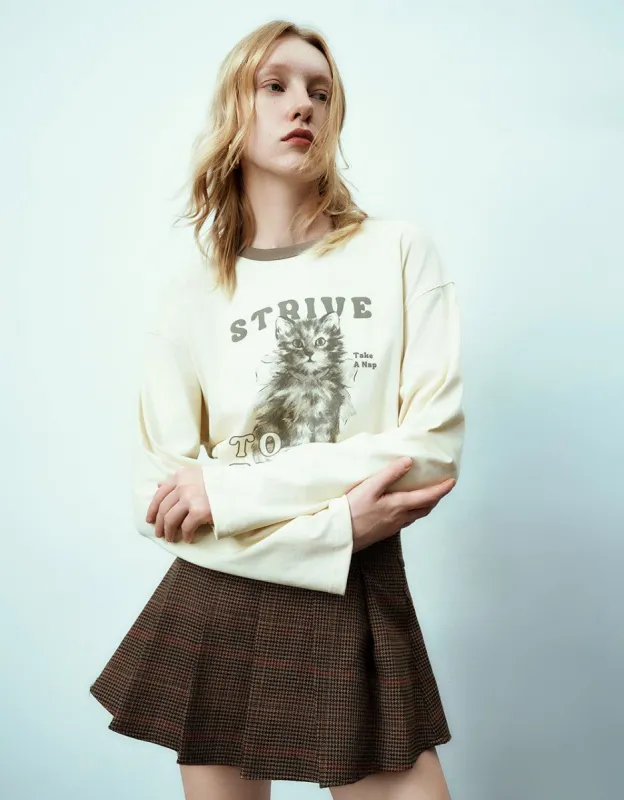 Cat Printed Crew Neck Knitted T-Shirt sold by Urban Revivo