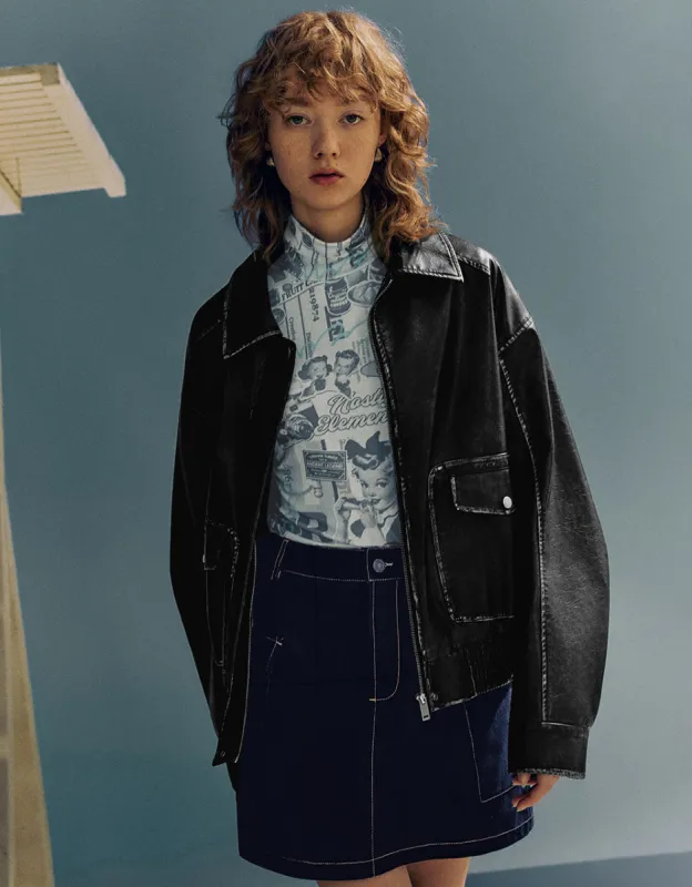 Drop Shoulder Sleeve  Vegan Leather Jacket sold by Urban Revivo