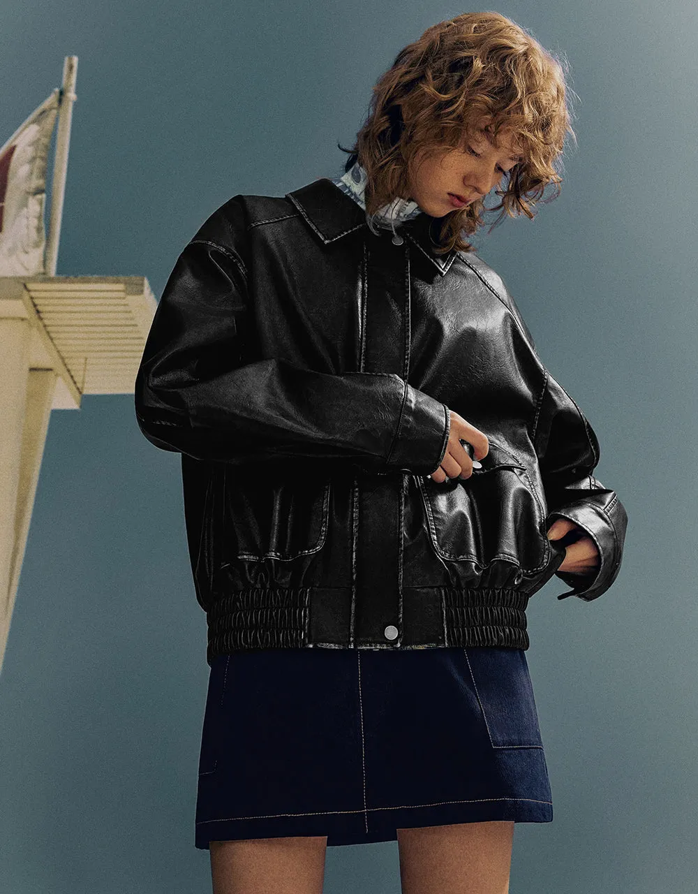 Drop Shoulder Sleeve Vegan Leather Jacket sold by Urban Revivo product image thumbnail 3