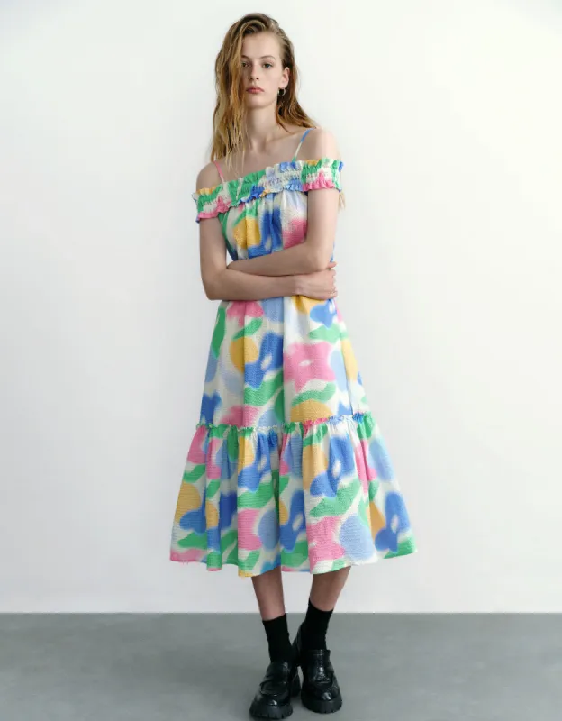 Printed Sleeveless Off-Shoulder A-Line Dress sold by Urban Revivo