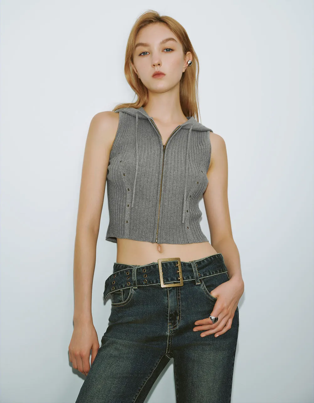 Hooded Zipper Front Skinny Knitted Vest sold by Urban Revivo