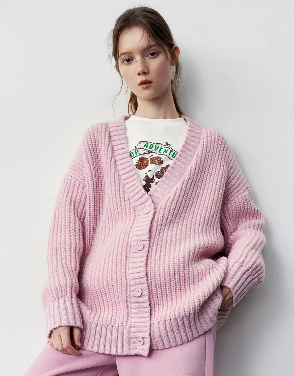 Loose V-Neck Rib Knitted Cardigan sold by Urban Revivo