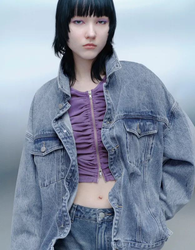 Drop Shoulder Sleeve Button Up Denim Jacket sold by Urban Revivo