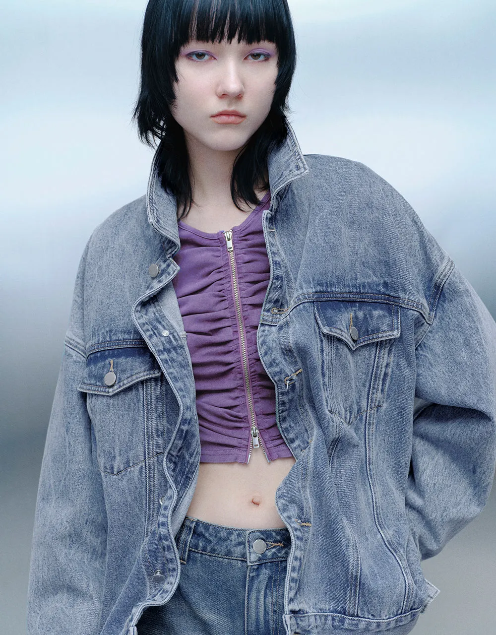 Drop Shoulder Sleeve Button Up Denim Jacket sold by Urban Revivo