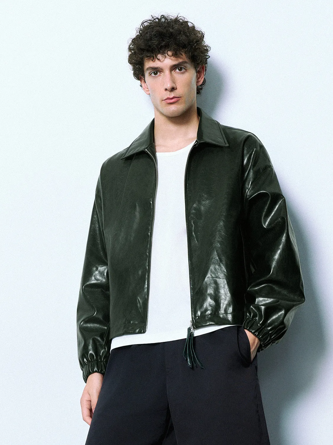 Zipper Front Oversized Vegan Leather Jacket sold by Urban Revivo