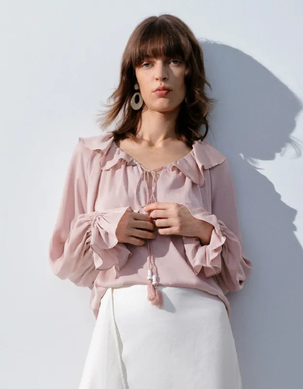 Raglan Sleeve Ruffle Overhead Shirt sold by Urban Revivo