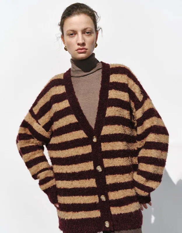 Furry Striped V-Neck Knitted Cardigan sold by Urban Revivo