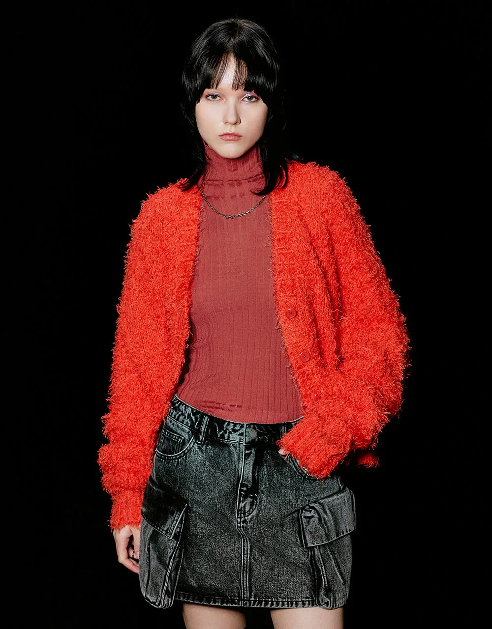 Furry V-Neck Knitted Cardigan sold by Urban Revivo