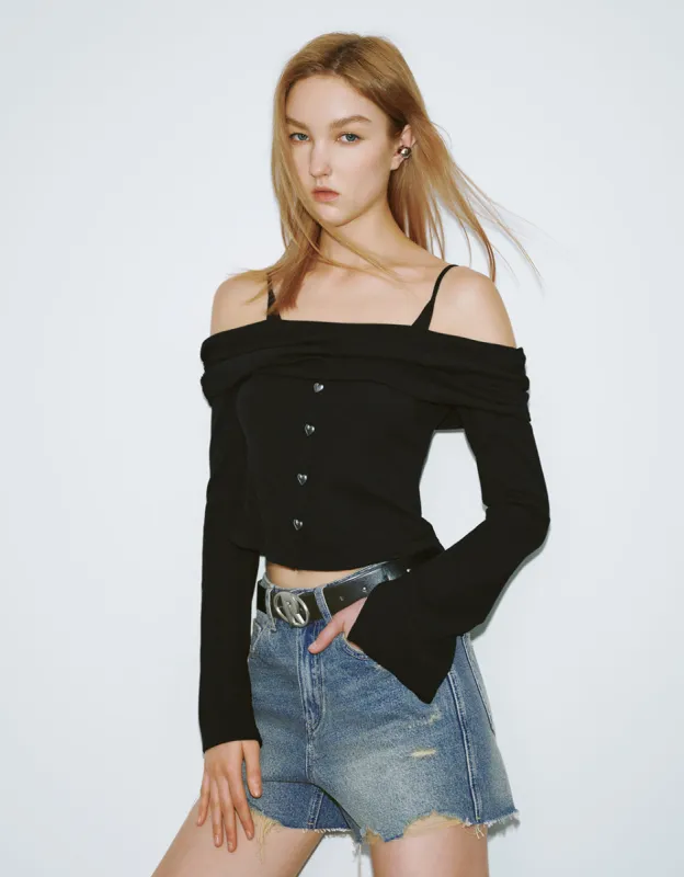 Off-Shoulder Knitted Skinny T-Shirt sold by Urban Revivo