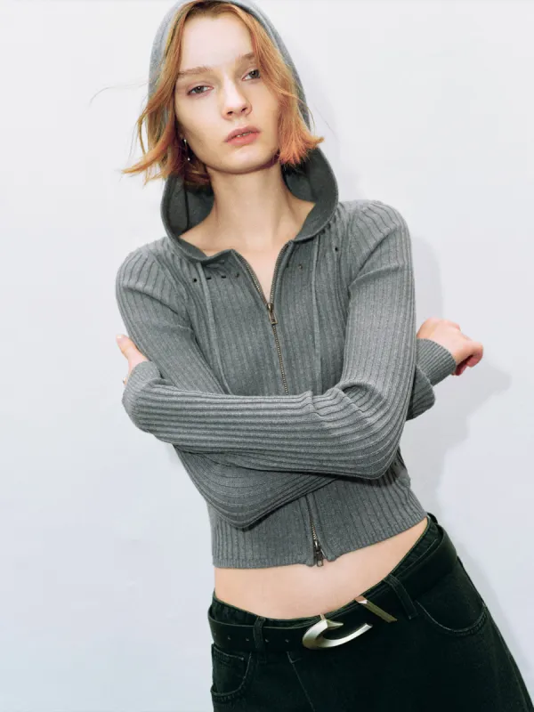 Zipper Front Hooded Skinny Knitted Cardigan sold by Urban Revivo
