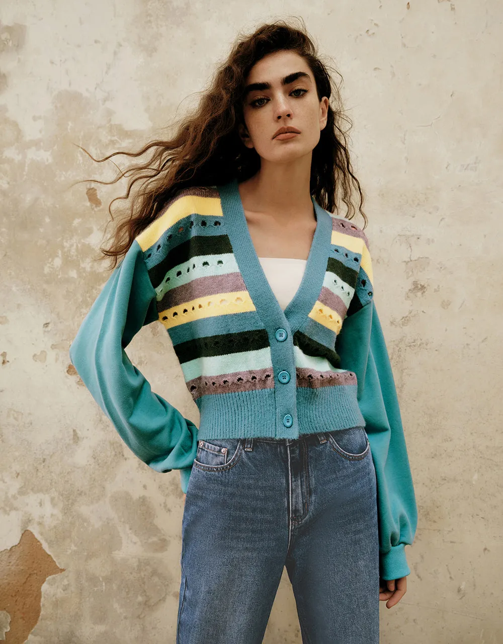 Striped V-Neck Knitted Cardigan sold by Urban Revivo