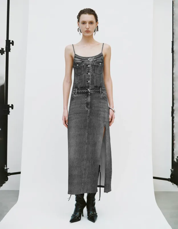 Split Hem Off-Shoulder Denim Cami Dress sold by Urban Revivo