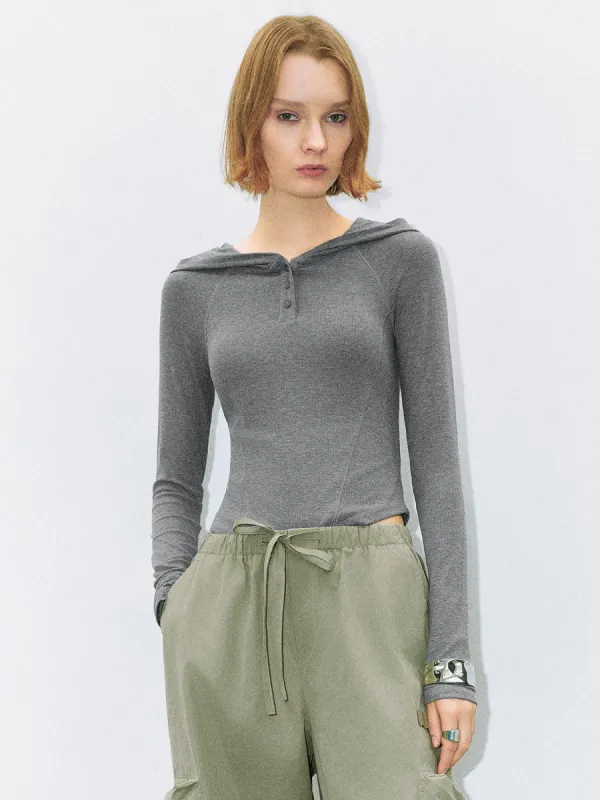 Button Half Placket Hooded Skinny T-Shirt sold by Urban Revivo