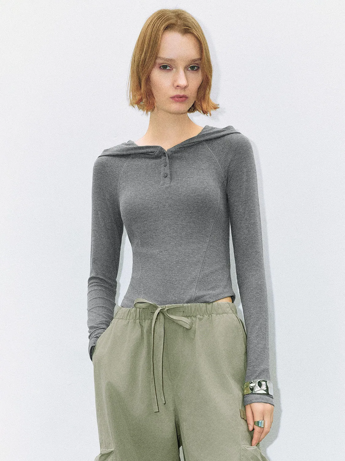 Button Half Placket Hooded Skinny T-Shirt sold by Urban Revivo