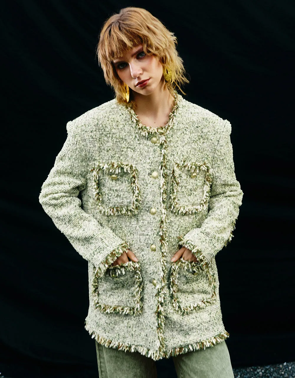 Raw Hem Crew Neck Tweed Jacket sold by Urban Revivo